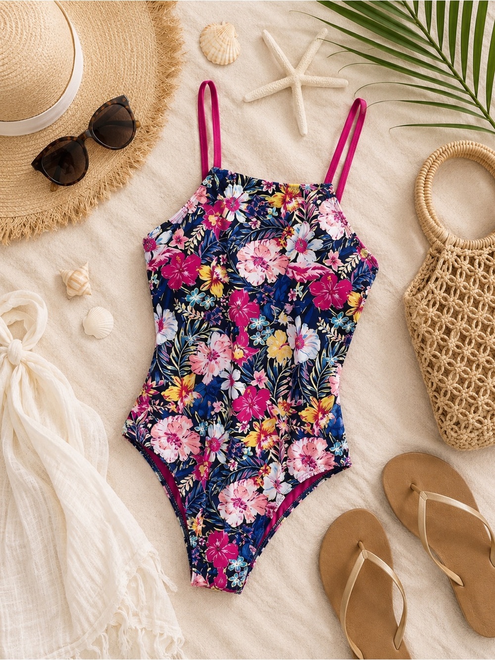 NWT Decree Navy Blue with Pink Strap Floral Print One Piece Swimsuit Size 3X